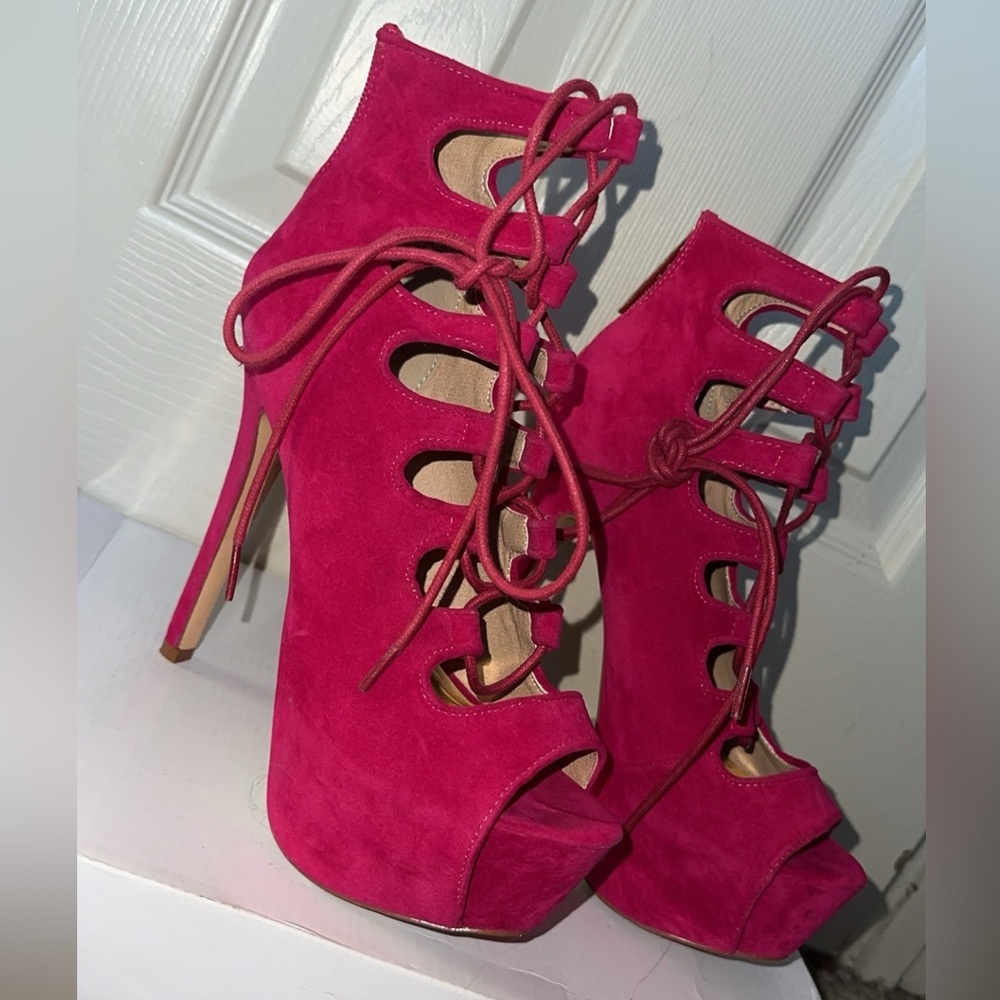 Fuchsia Open Toe Lace Up Bootie